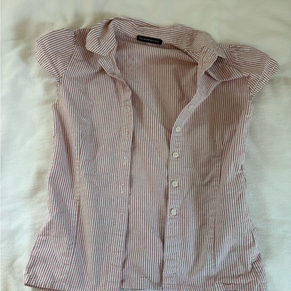 Brandy Melville Pink Striped Cap-Sleeve Button Front Top